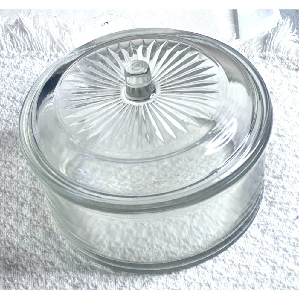 Hazel Atlas Dish Clear Glass Lidded Starburst Round Butter Storage Stackable USA
